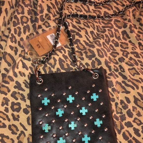 SS Fashion faux leather crossbody very dark gray black turquoise studded crosses - Picture 16 of 16